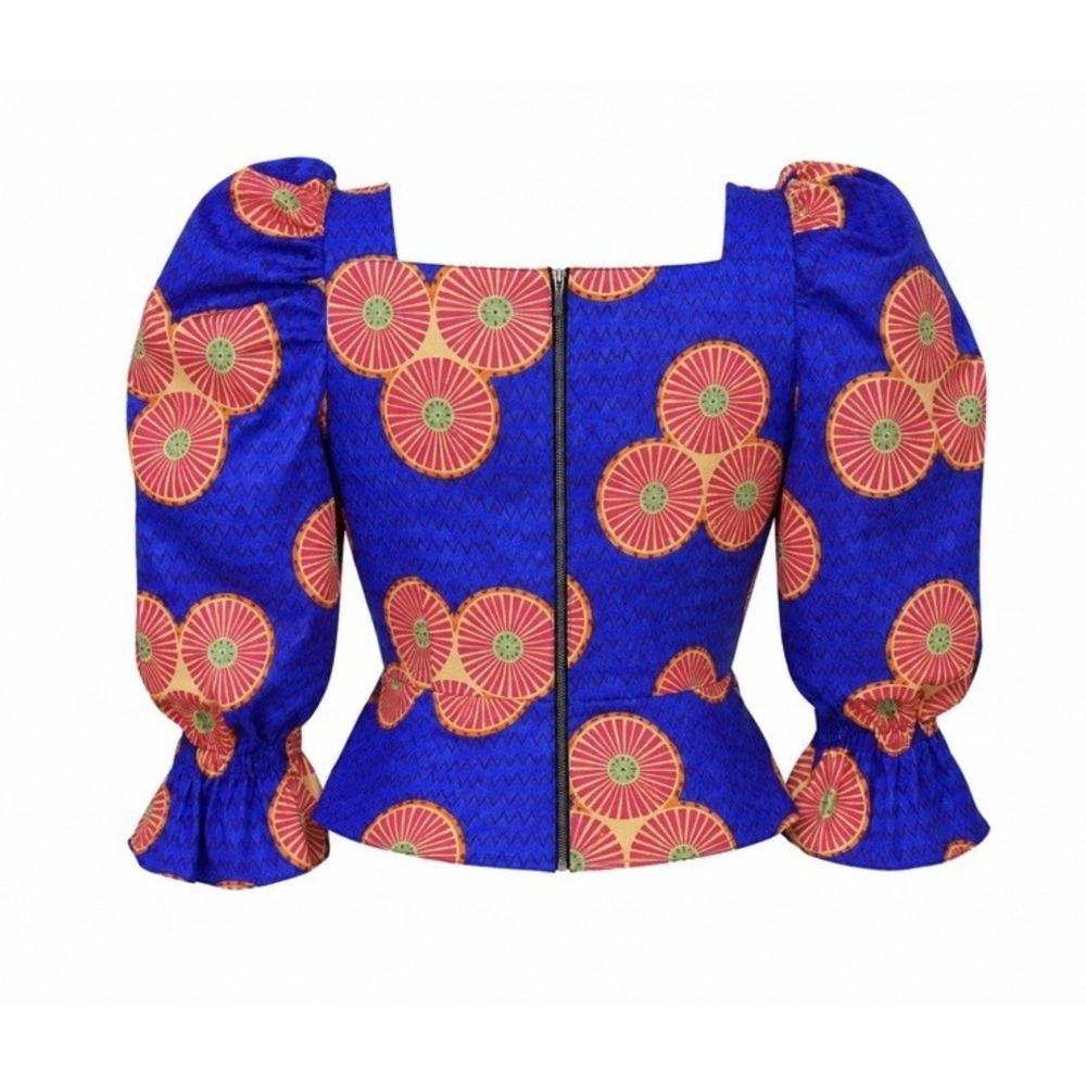 NWT Autumn Adeigbo Mallory Top Size 2 Blue Pink Puff Sleeve Lace Up Peplum - Picture 2 of 13